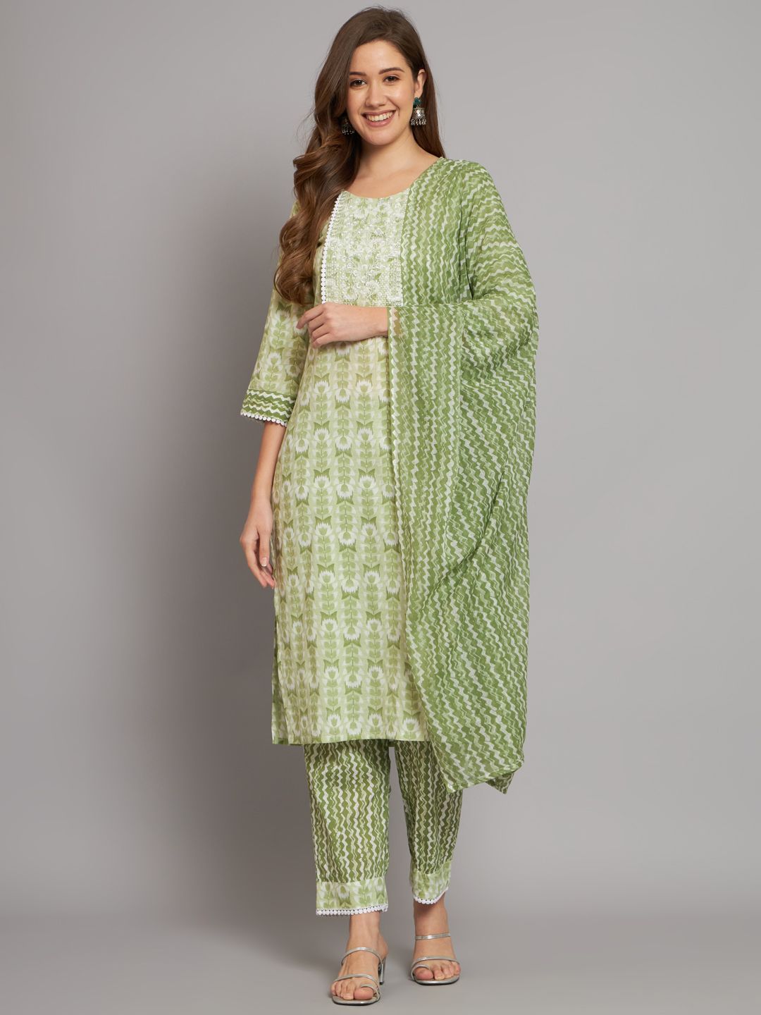 Cotton Ankle Length Women Kurta - Pant With Dupatta Set, Size: M