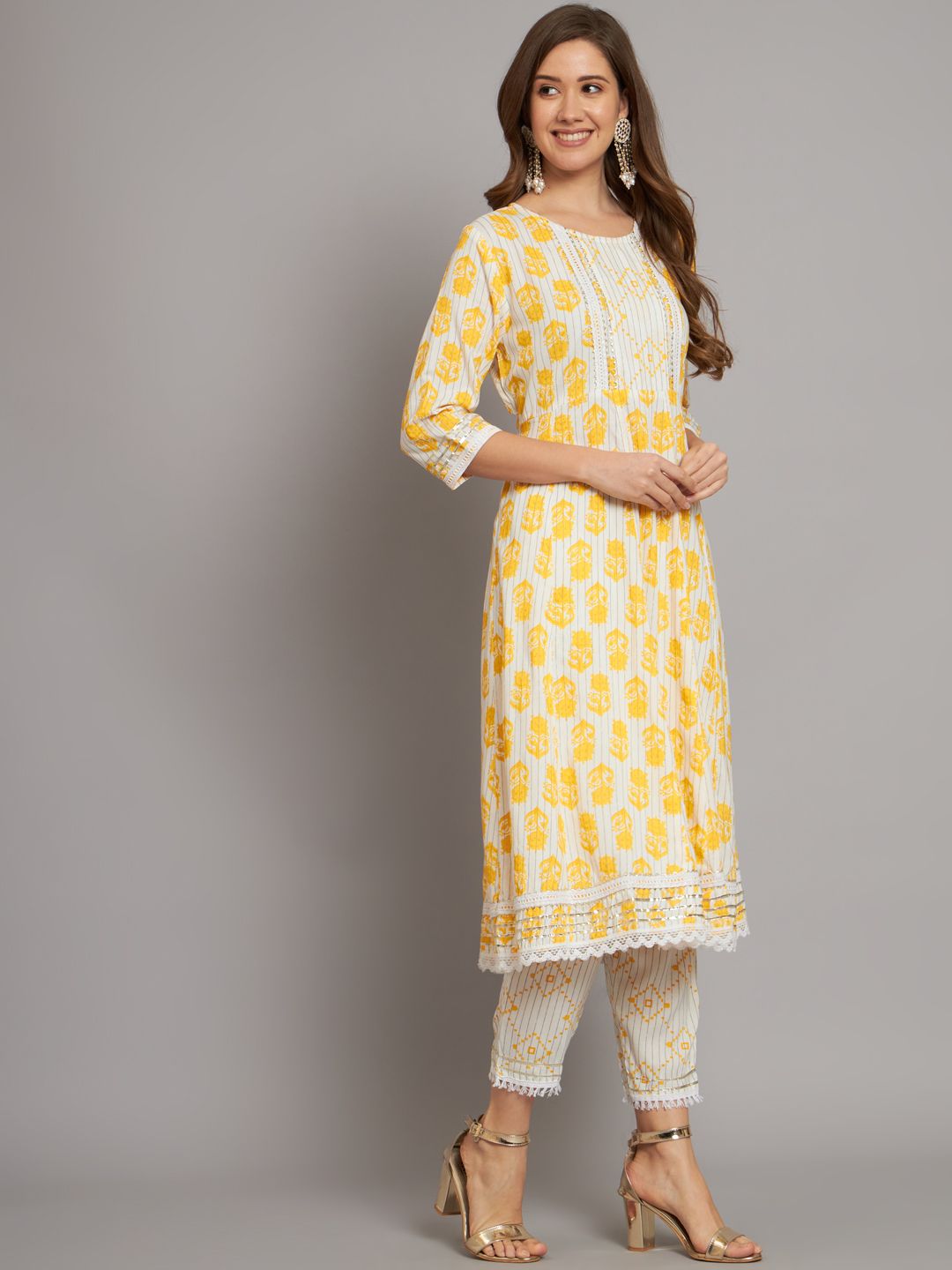 White rayon printed kurti with lace 